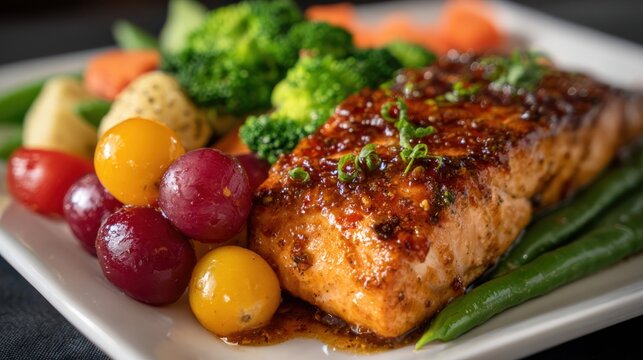 Grilled salmon fillet with herb glaze, healthy seafood dinner plate, roasted vegetables and tomatoes on white dish
