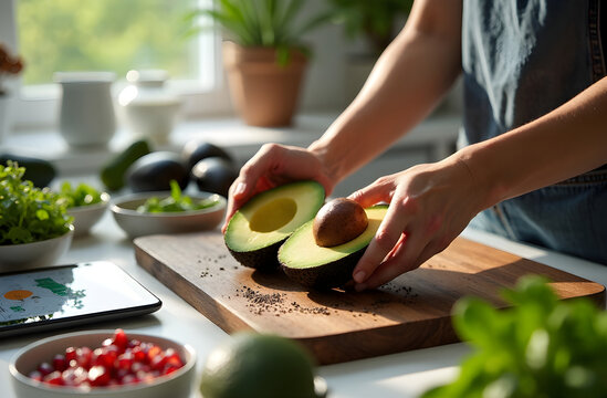 Cocinando a mano: Preparando un aguacate fresco en la cocina casera