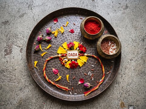 A Top-Down View of a Traditional Rakhi Festival Thali Featuring a 'Dada' Rakhi Surrounded by Vibrant Flower Petals, Vermilion, and Rice Grains on a Textured Metal Plate