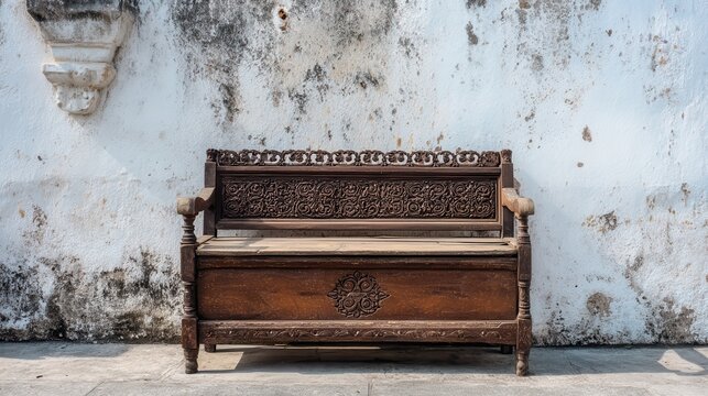 Vintage wooden bench against distressed wall, antique carved seat, rustic interior decor background for design and copy space