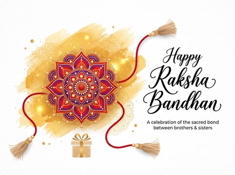 A festive Raksha Bandhan greeting card featuring an ornate, colorful Rakhi thread on a golden watercolor background with elegant typography and a small gift box icon.