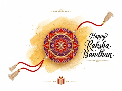 Decorative Raksha Bandhan greeting card featuring a beautiful ornate Rakhi thread on a textured yellow watercolor background with elegant calligraphy and festive elements