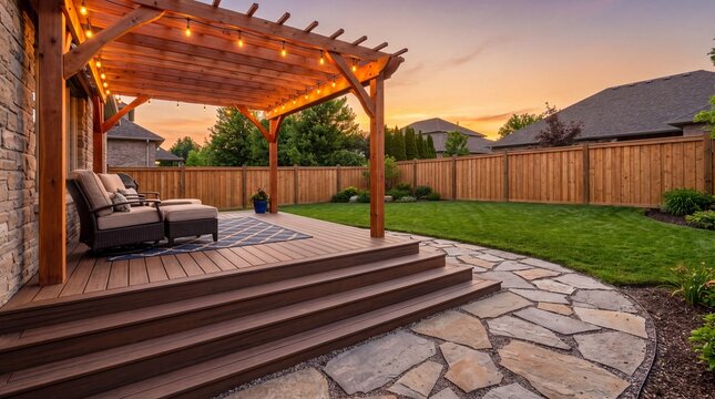 pergola with string lights and lounge chair on stone patio at sunset