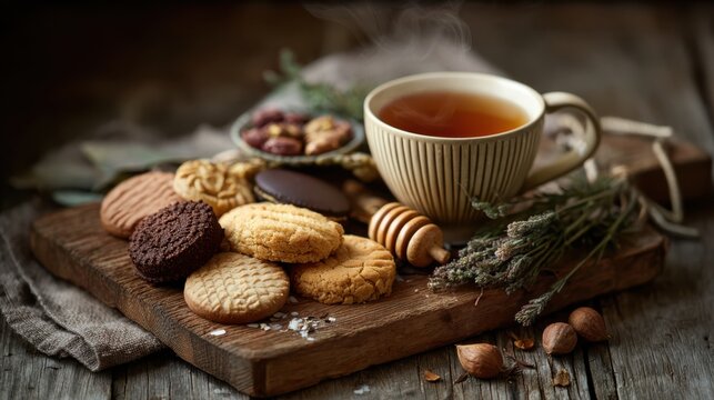 Rustic tea and cookies still life, warm cup on wooden tray, cozy autumn snack scene for cafe menu and lifestyle use