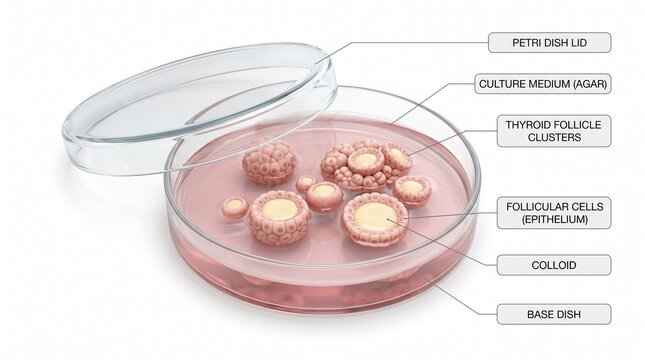 Thyroid gland follicles in a petri dish showing cellular structure and colloid