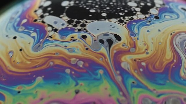 Macro Closeup of Iridescent Soap Bubble Surface Swirling in Rainbow Fluid Patterns