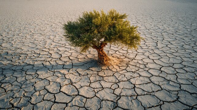 Lone tree in cracked dry earth, arid drought landscape with parched soil texture, climate change environmental concept photo