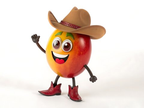 Happy cute mango fruit character wearing a brown cowboy hat and red boots waving hello