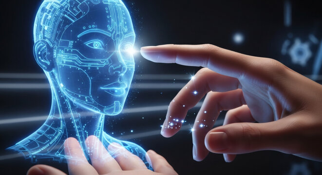 Human Hand Interacting with Futuristic Artificial Intelligence Hologram and Digital Cyber Avatar Face