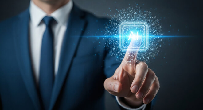 Businessman touching futuristic AI interface with glowing digital technology icon