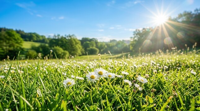 A perfect nature backdrop for eco themes and gardens, showing a sunny spring meadow with white daisies and vibrant green grass.