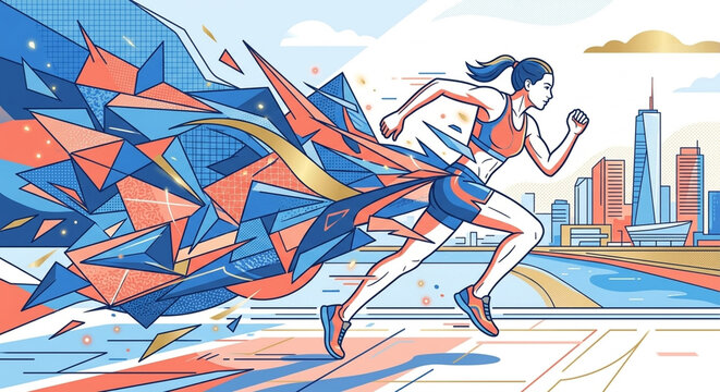 Female Runner Sprinting with Abstract Geometric Speed Trail and City Skyline