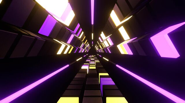 Purple and Yellow Neons in Triangular Tunnel of Squares Background VJ Loop in 4K