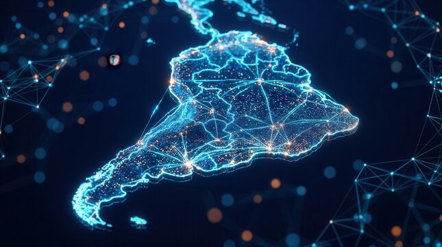 South America digital map with glowing dots and lines illustrating global network connection, tech, and connectivity.
