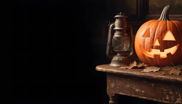 Vintage Halloween Banner with Glowing Jack O Lantern and Oil Lantern