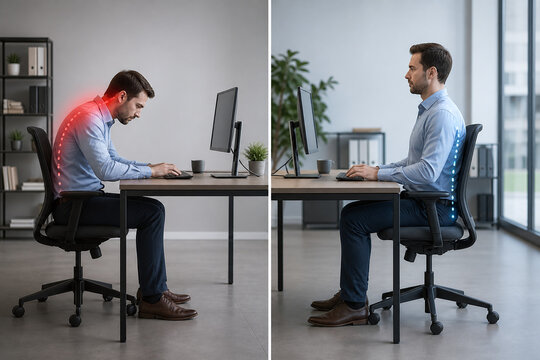 Poor and correct office posture comparison at desk