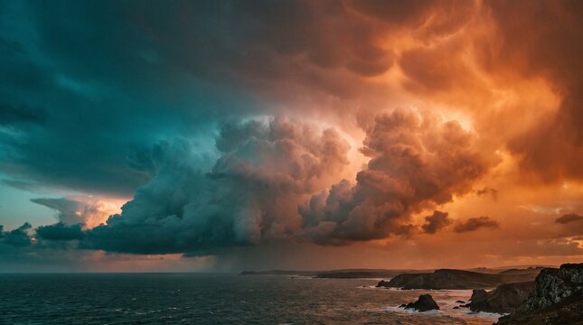Storm sky billowing with dramatic teal and orange cumulonimbus clouds over a rugged ocean coastline with crashing waves at sunset