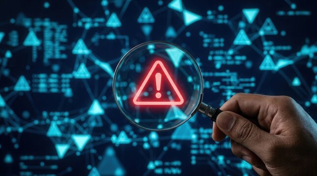 Digital network warning sign with a red triangle exclamation mark examined by a system engineer to find a cyber security issue.