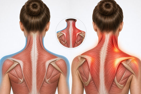 Neck and shoulder muscle tension comparison illustration