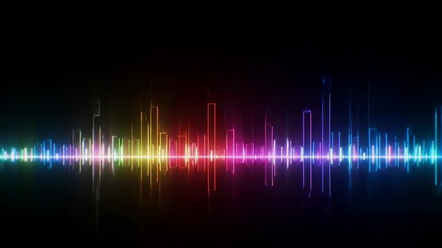 Colorful sound wave equalizer bars moving against black background in cinematic motion for audio visualization