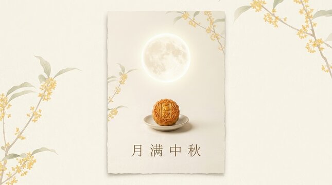 A traditional mooncake served on a plate under a bright full moon for the beautiful mid autum festival china celebration