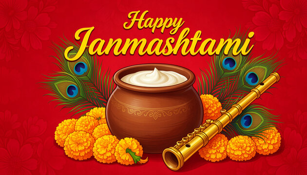 Happy Janmashtami greeting card with dahi handi and golden flute on red background