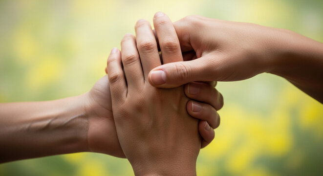 Three hands clasped together in support and unity on a blurred nature background