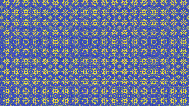 Batik Pattern Seamless Yellow Flower Ornament on Blue Background