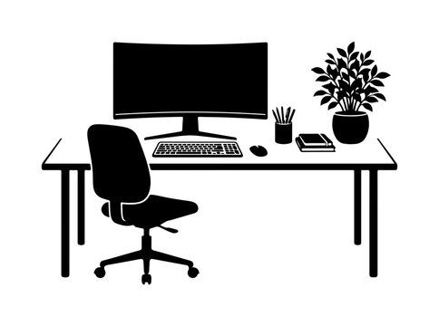 Minimalist black-and-white of a home office setup with a desk, monitor, and potted plant black and white home office setup