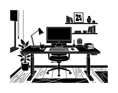 Minimalist black-and-white of a home office workspace with ergonomic desk, monitor, and potted plant