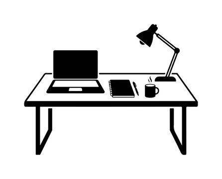 Minimalist black-and-white of a simple desk with laptop, tablet, desk lamp, and coffee cup black and white minimalist desk setup