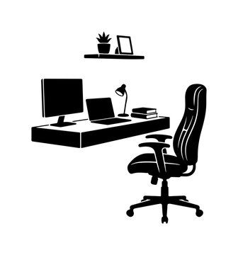 Minimalist black-and-white office desk with ergonomic chair, desktop computer, and small potted plant