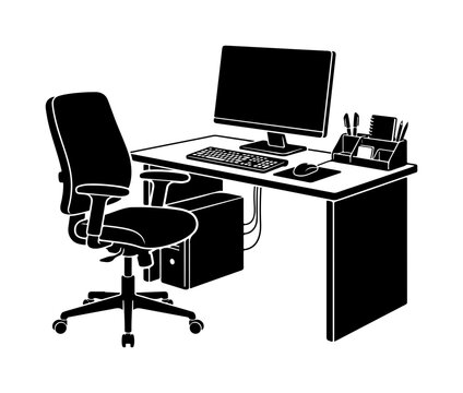 Minimalist black-and-white office desk with single monitor, ergonomic chair, and organized stationery supplies