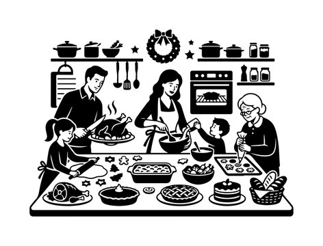 Multigenerational family preparing holiday feast in kitchen with turkey, pies, and festive decorations in black and white