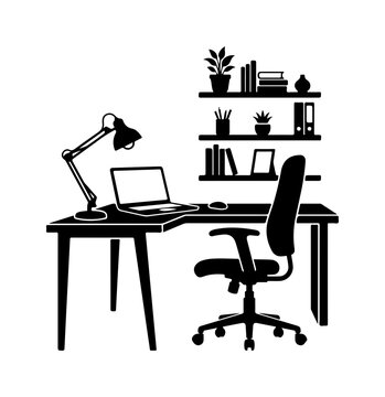 Minimalist home office workstation with laptop, desk, and shelving black and white silhouette home office setup