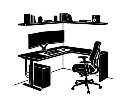 Minimalist home office workstation with dual monitors and ergonomic chair black and white silhouette