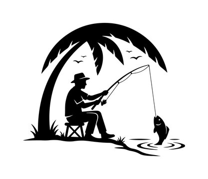 Relaxed fisherman sitting under a palm tree with a fishing rod in a serene pond setting black and white fishing fisherman sitting under palm tree