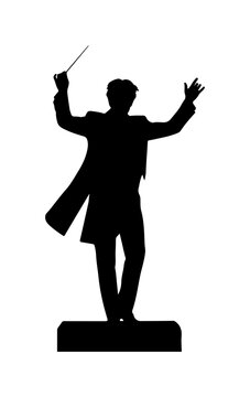 Silhouette of a conductor standing on a pedestal with arms raised and baton in hand black silhouette