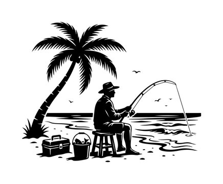 Seated angler fishing by the shore under palm tree silhouette with transparent background, fishing silhouette