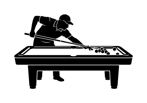 Silhouette of a person bending over a pool table aiming a pool cue at colored balls black and white pool player