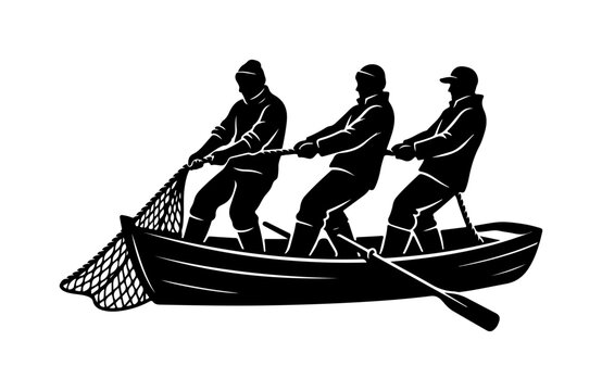 Three fishermen in traditional hats collaboratively pulling a large fishing net from a wooden boat on choppy water