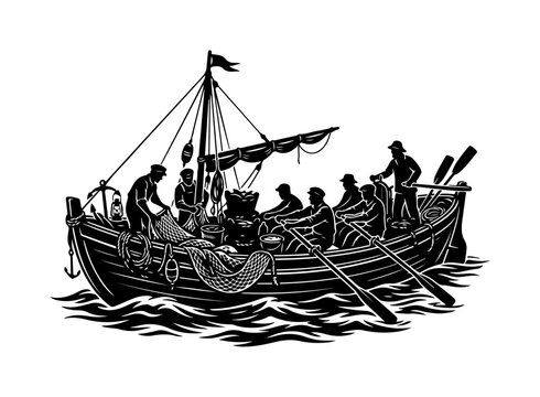Wooden cut-out style of a group of people rowing a traditional wooden boat on choppy water traditional boat