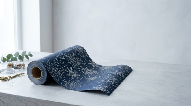 Rolled Christmas wrapping paper with snowflake pattern on a bright minimalist table