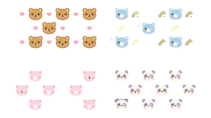 Fototapeta premium Cute Teddy Bear and Panda Seamless Pattern Vector Bundle with Teddy Heads, Blue Cubs, Pink Bears, Purple Pandas, Hearts, and Shooting Stars