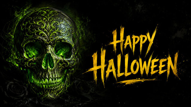 Happy Halloween Typography with Glowing Green Ornate Skull and Roses Perfect for spooky party invites and event flyers