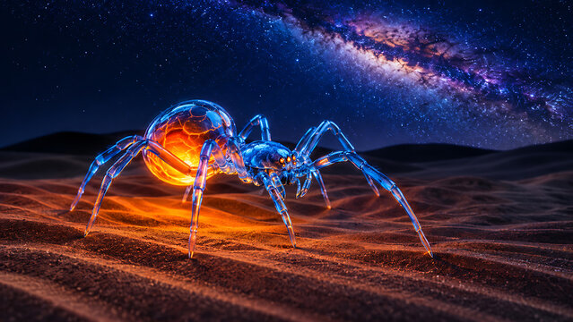 a crystalline spider glowing with fiery energy in the desert night.
