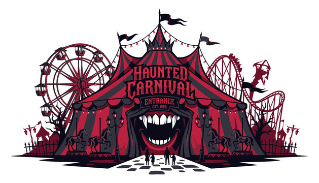 Haunted carnival entrance with scary tent and ferris wheel