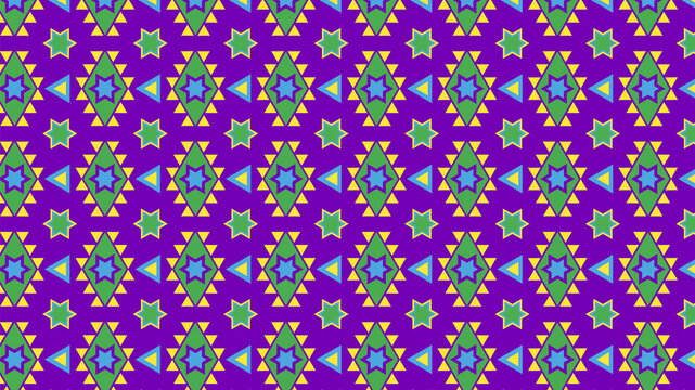 Vibrant Purple Geometric Pattern with Colorful Stars and Diamonds