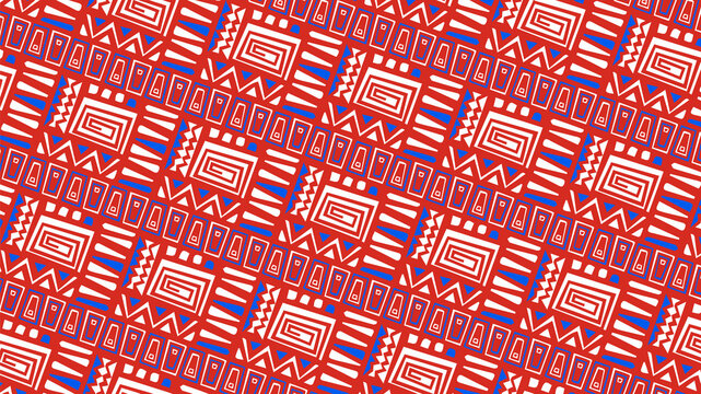 Tribal Seamless Pattern with Red and Blue Geometric Motifs
