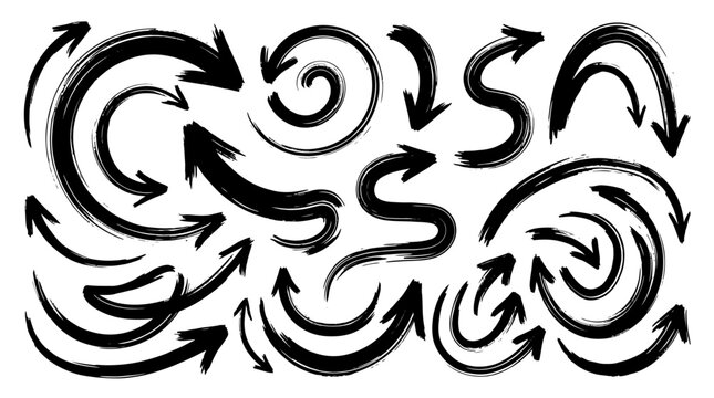 Set of hand drawn sketchy arrow swirls.